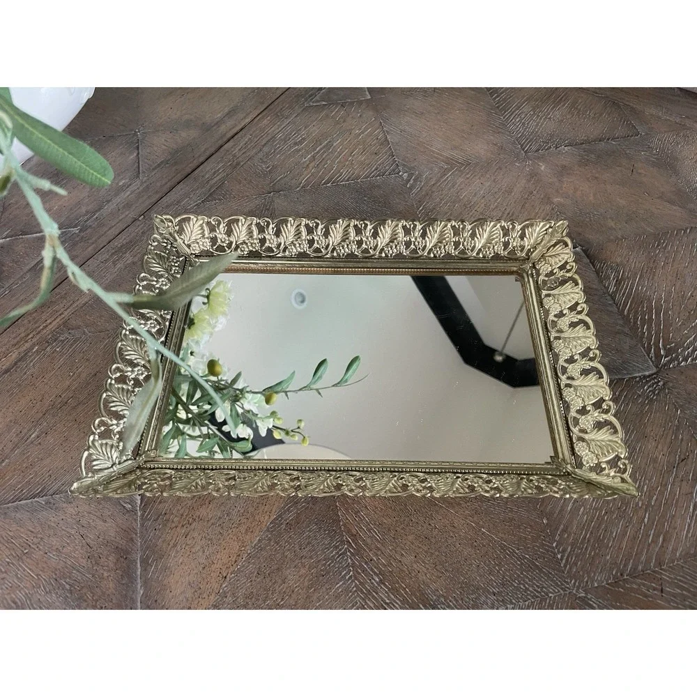 Vtg Mirrored Vanity Tray Gold Filigree Rectangle Hollywood Regency Dresser Decor